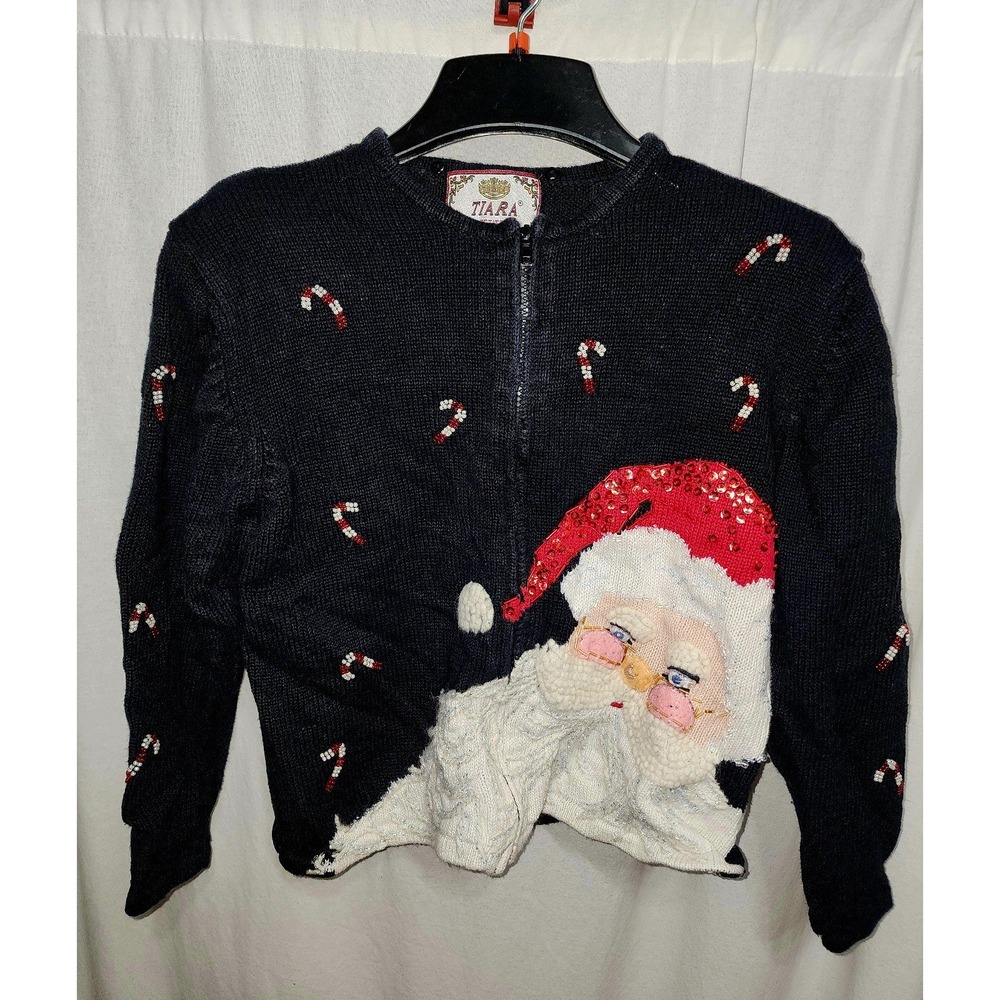 Christmas Sweater Tiara Petites Santa Claus Candy Cane‎ Zipper Cardigan